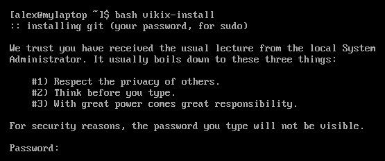 La komenco de la instalado de Vikix, petante la pasvordon