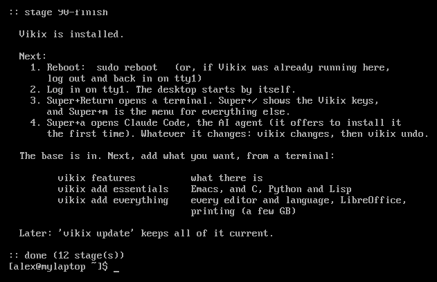 La fino de la instalado de Vikix: Vikix estas instalita, kaj kio sekvos