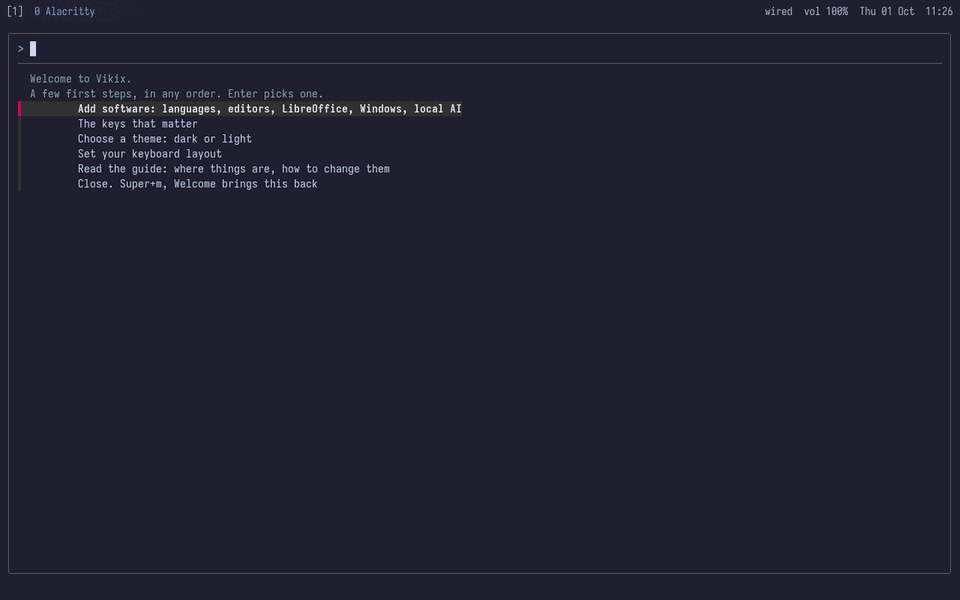 The desktop at the first login: the bar at the top, and the welcome