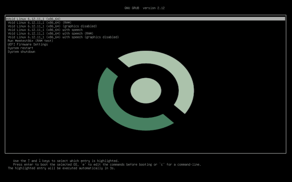 Void&rsquo;s boot menu, the first entry chosen