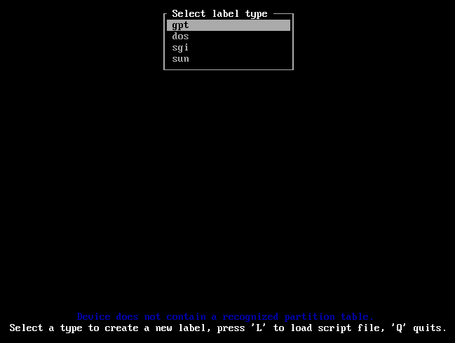cfdisk asking for the label type, gpt chosen
