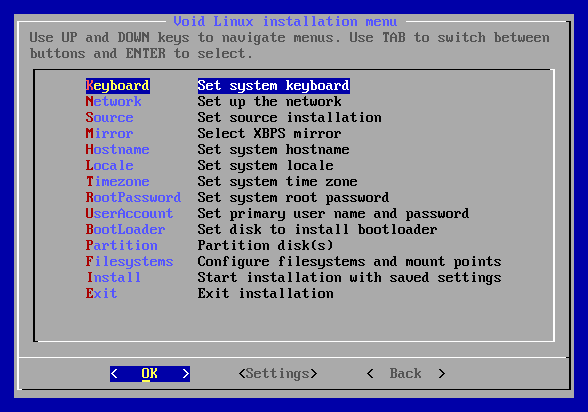 The installer&rsquo;s menu, from Keyboard to Install