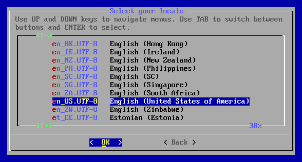 The locale list, en_US.UTF-8 chosen