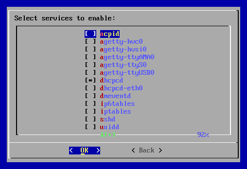 The services to enable, dhcpcd ticked