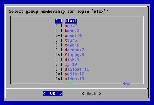 The groups for the new user, wheel ticked