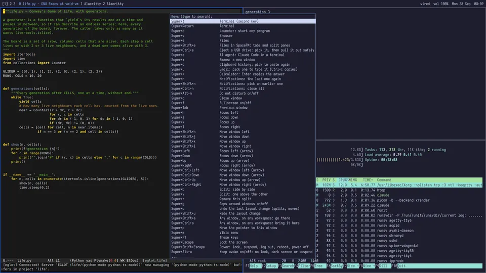 A long list of keys and what they do, over the desktop.
