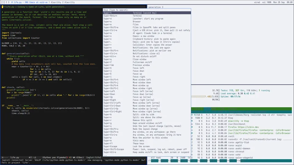 A long list of keys and what they do, over the desktop.