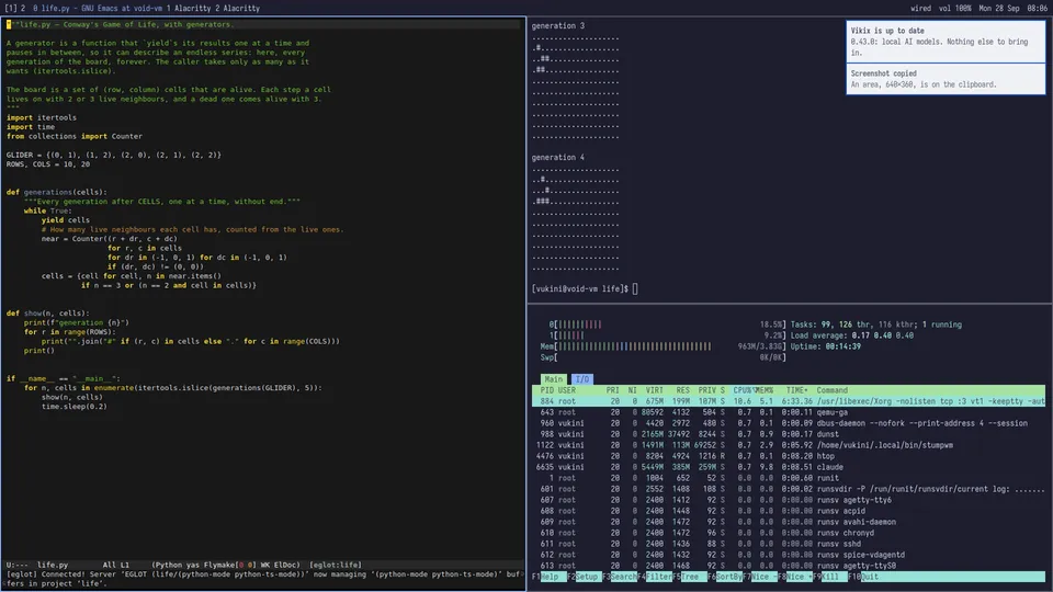 Two notifications in the top right corner: Vikix is up to date, and Screenshot copied.