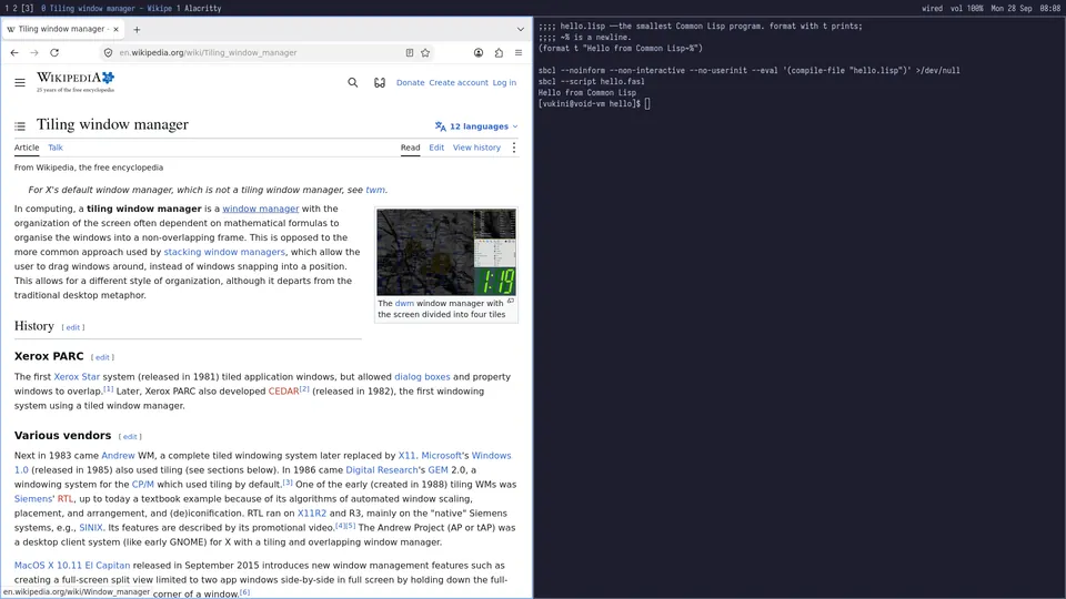 Firefox showing a Wikipedia article on the left, and a terminal running a small Common Lisp program on the right.