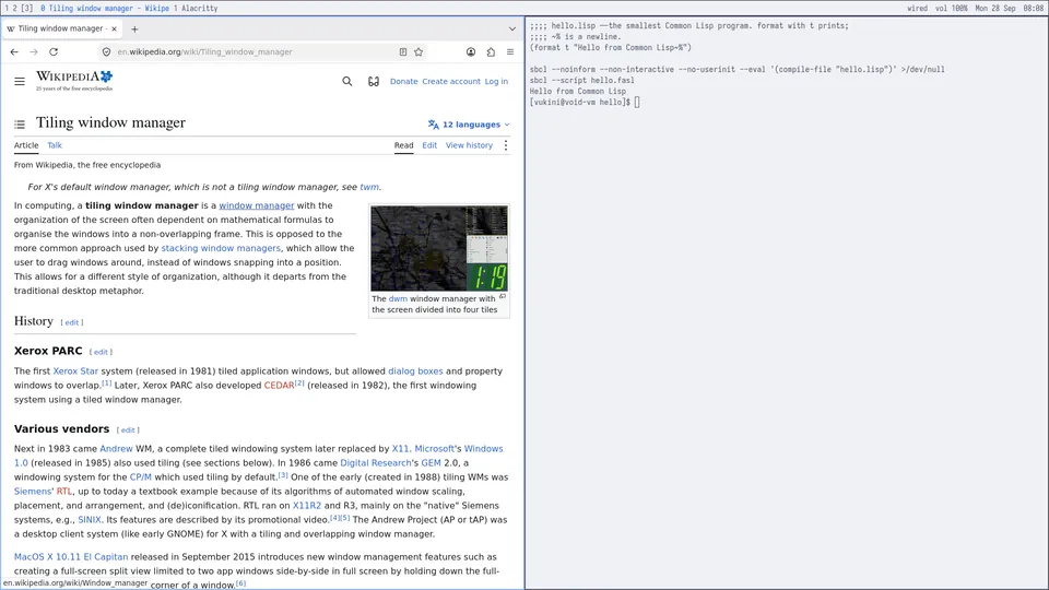Firefox showing a Wikipedia article on the left, and a terminal running a small Common Lisp program on the right.