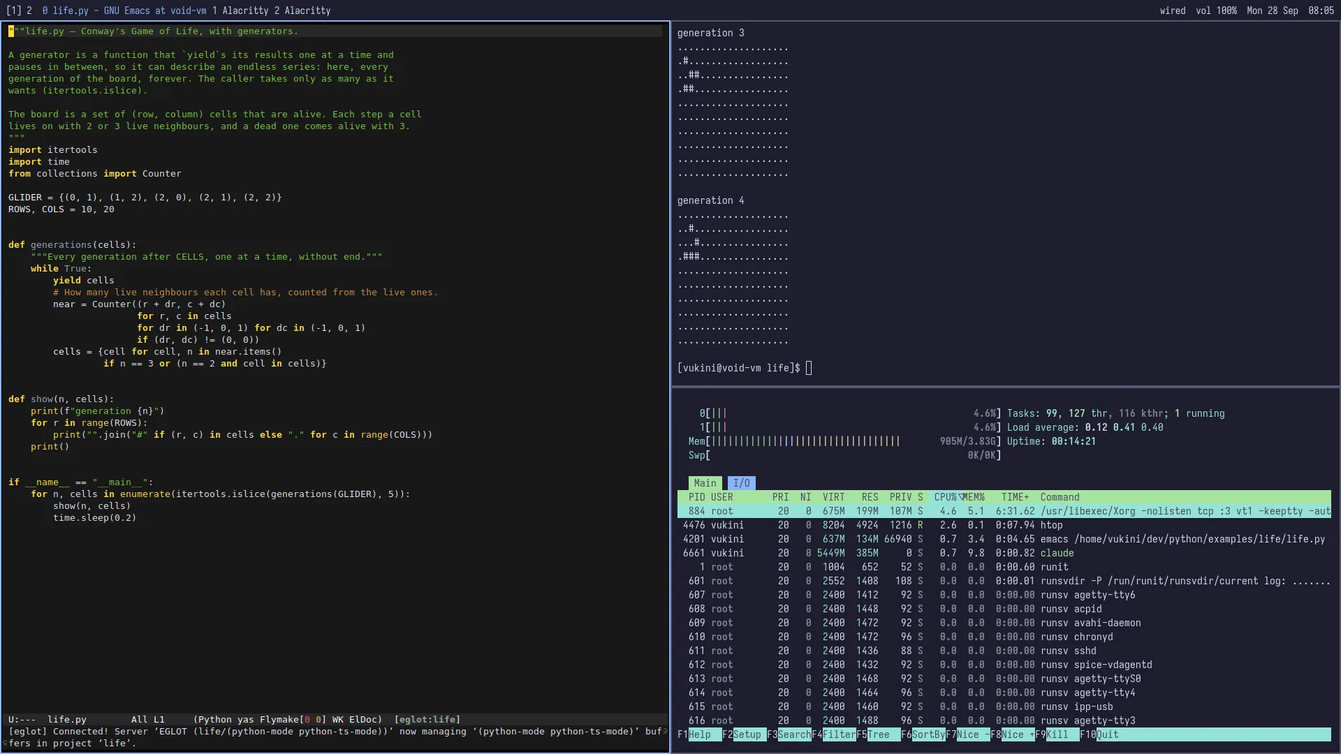 Dark theme: Emacs with a Python program on the left; on the right the program's output above, and the htop system monitor below.