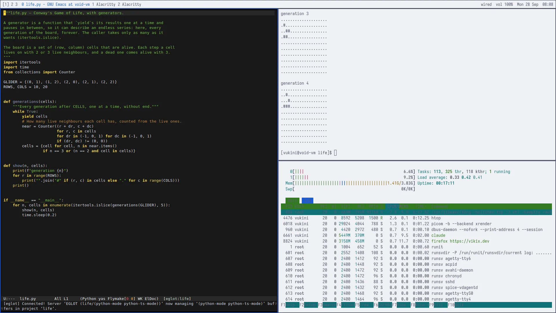Light theme: Emacs with a Python program on the left; on the right the program's output above, and the htop system monitor below.