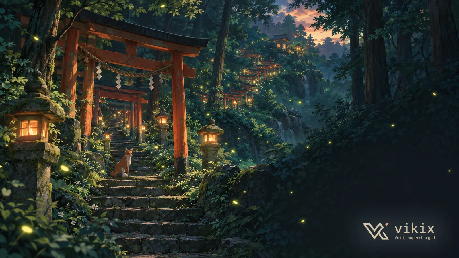 Red shrine gates along a woodland path.