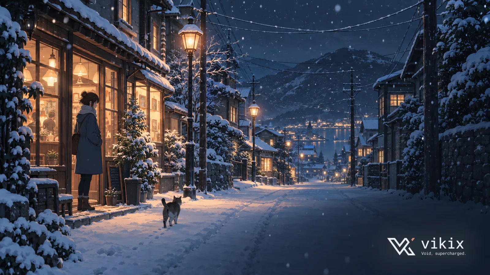 Warmly lit houses along a snowy evening street.