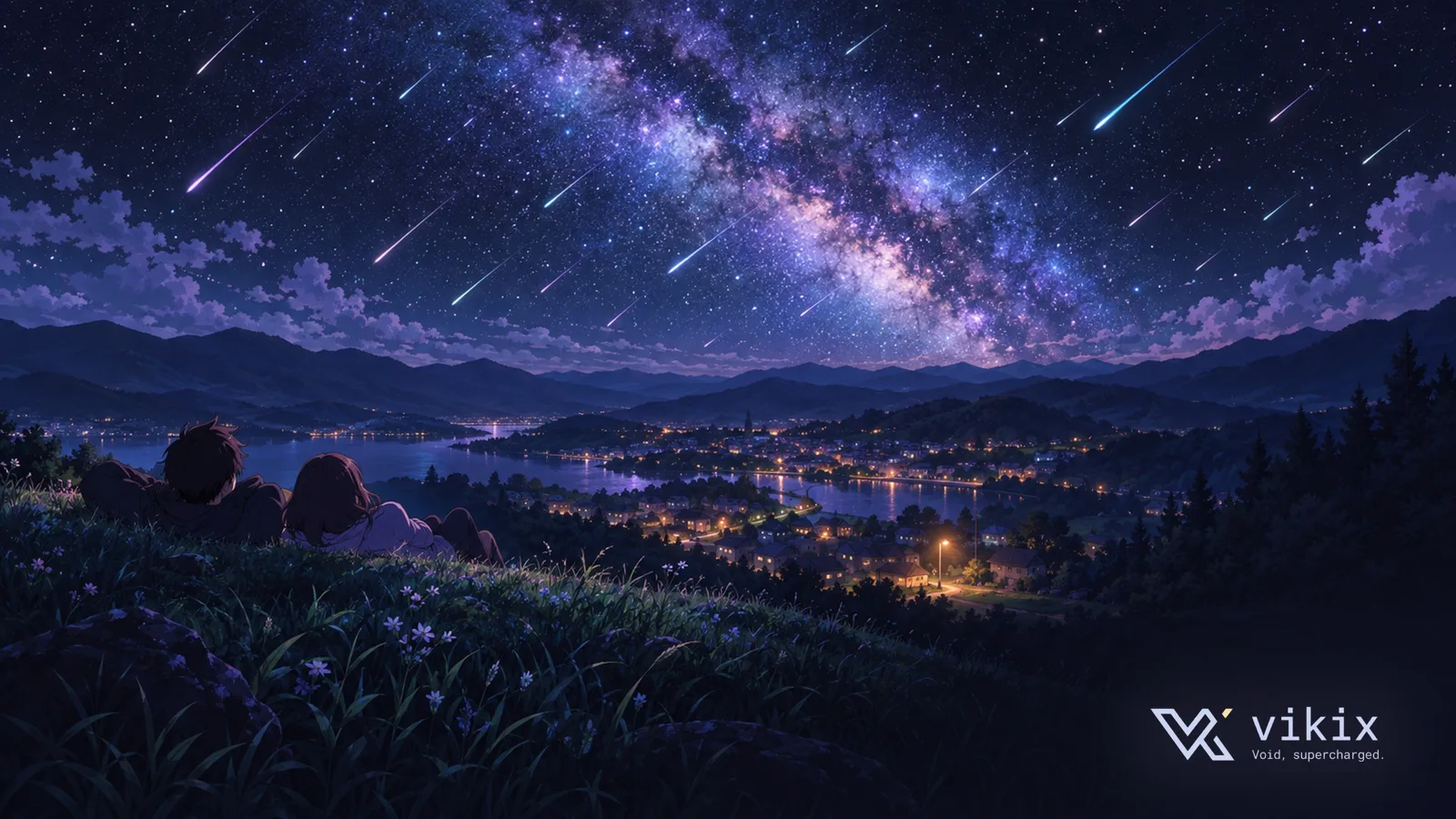 A village beneath a brilliant, star-filled night sky.