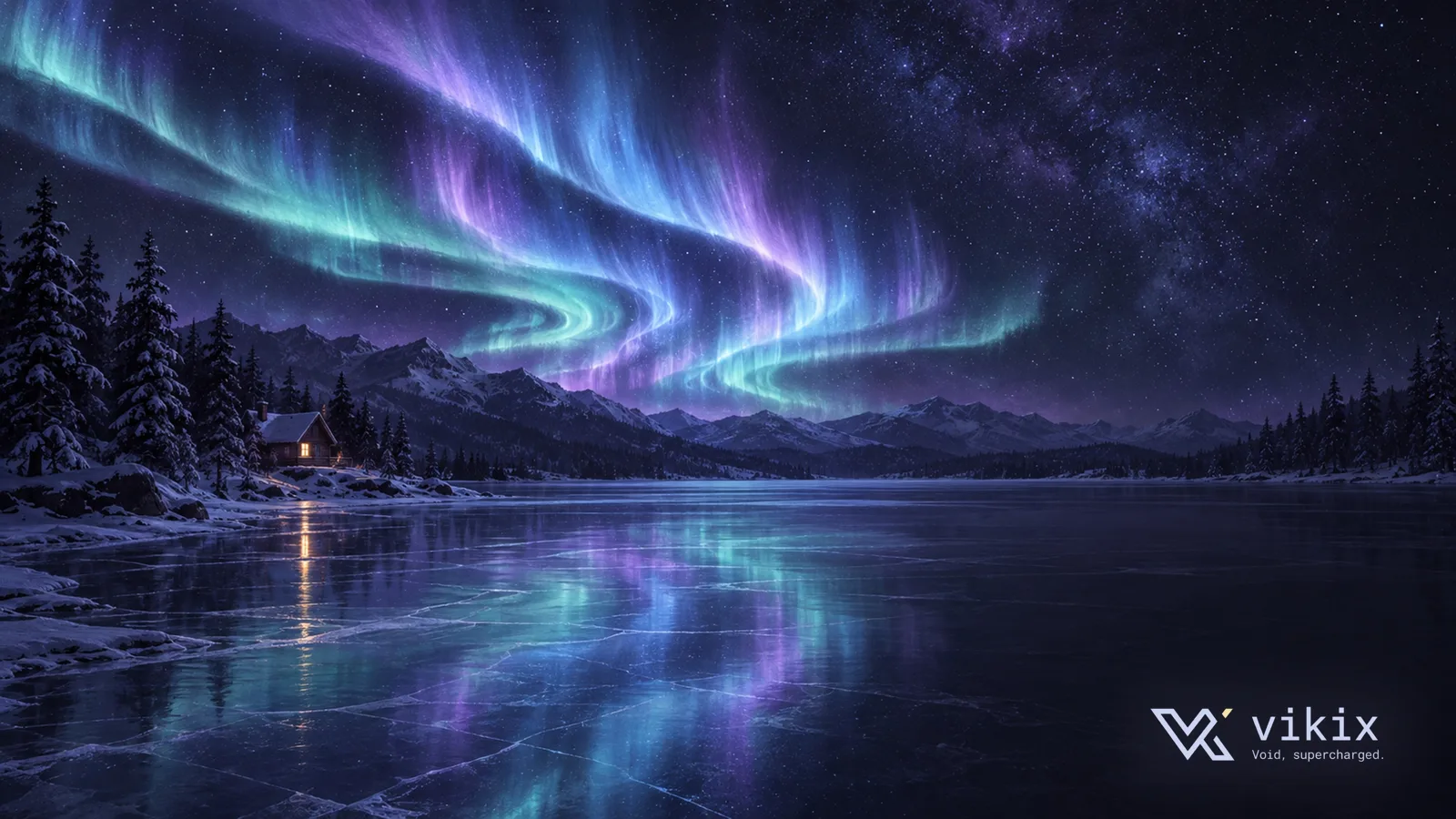 Northern lights reflected in a still lake.
