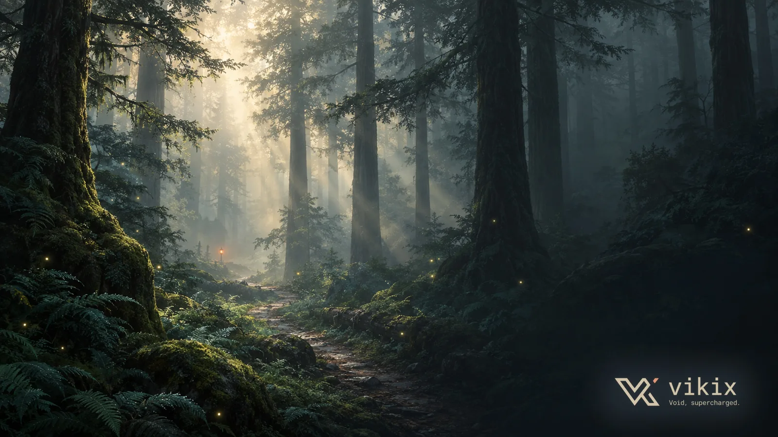 Soft sunlight through a deep green forest.