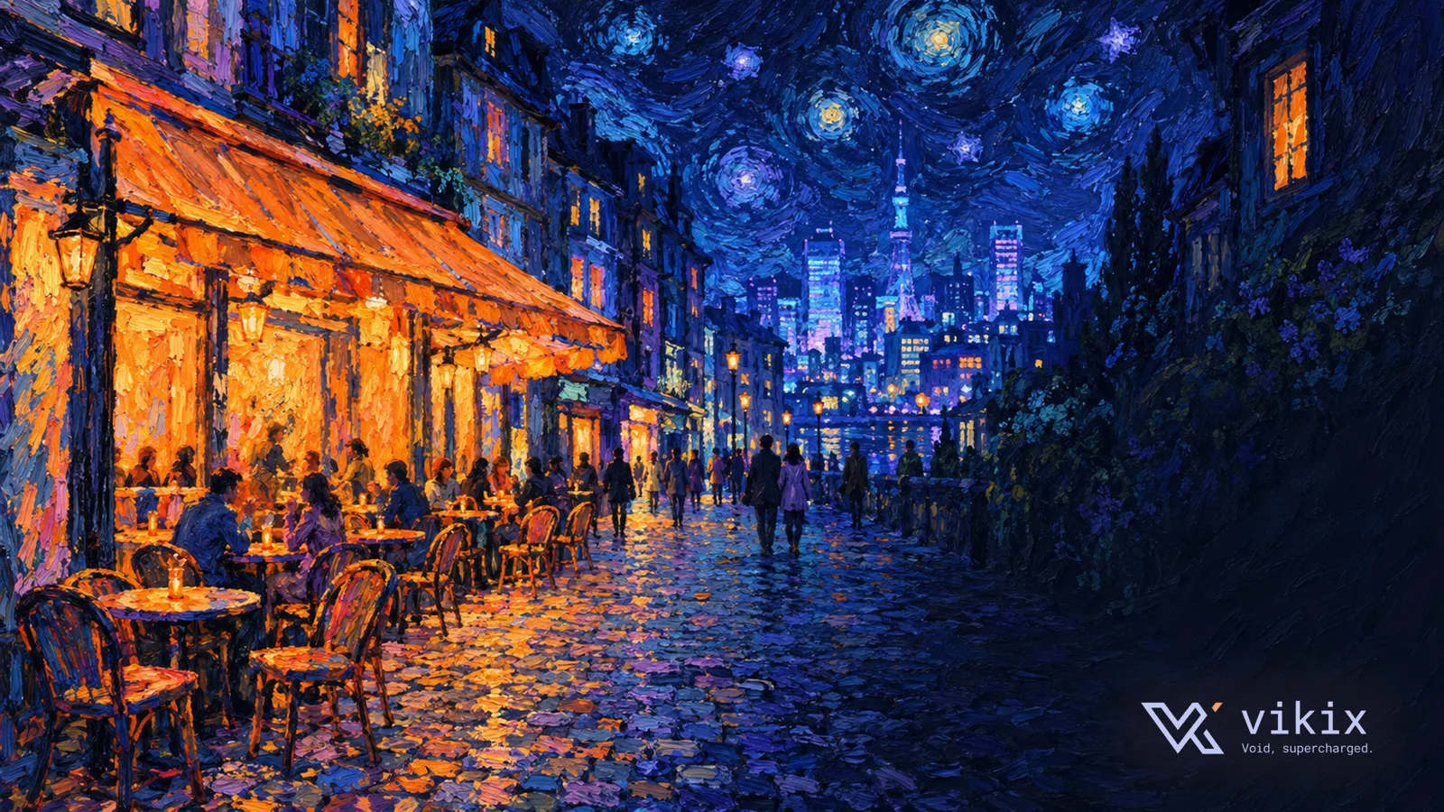 A brightly painted café terrace under a swirling night sky.