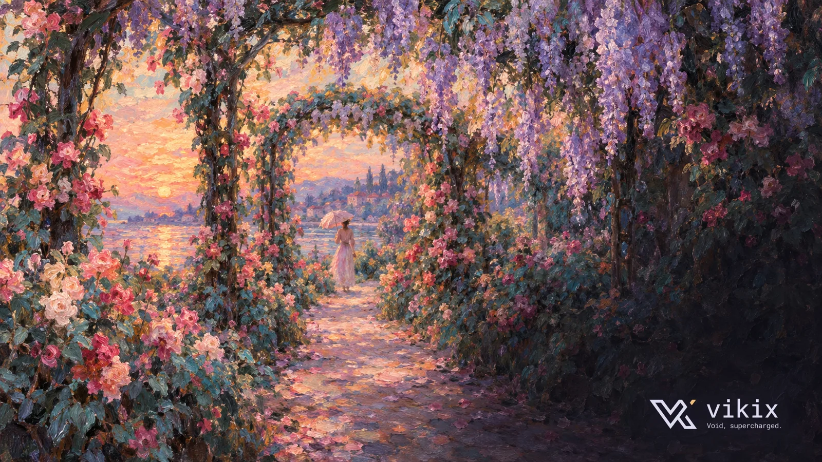 A painted garden path surrounded by flowers.