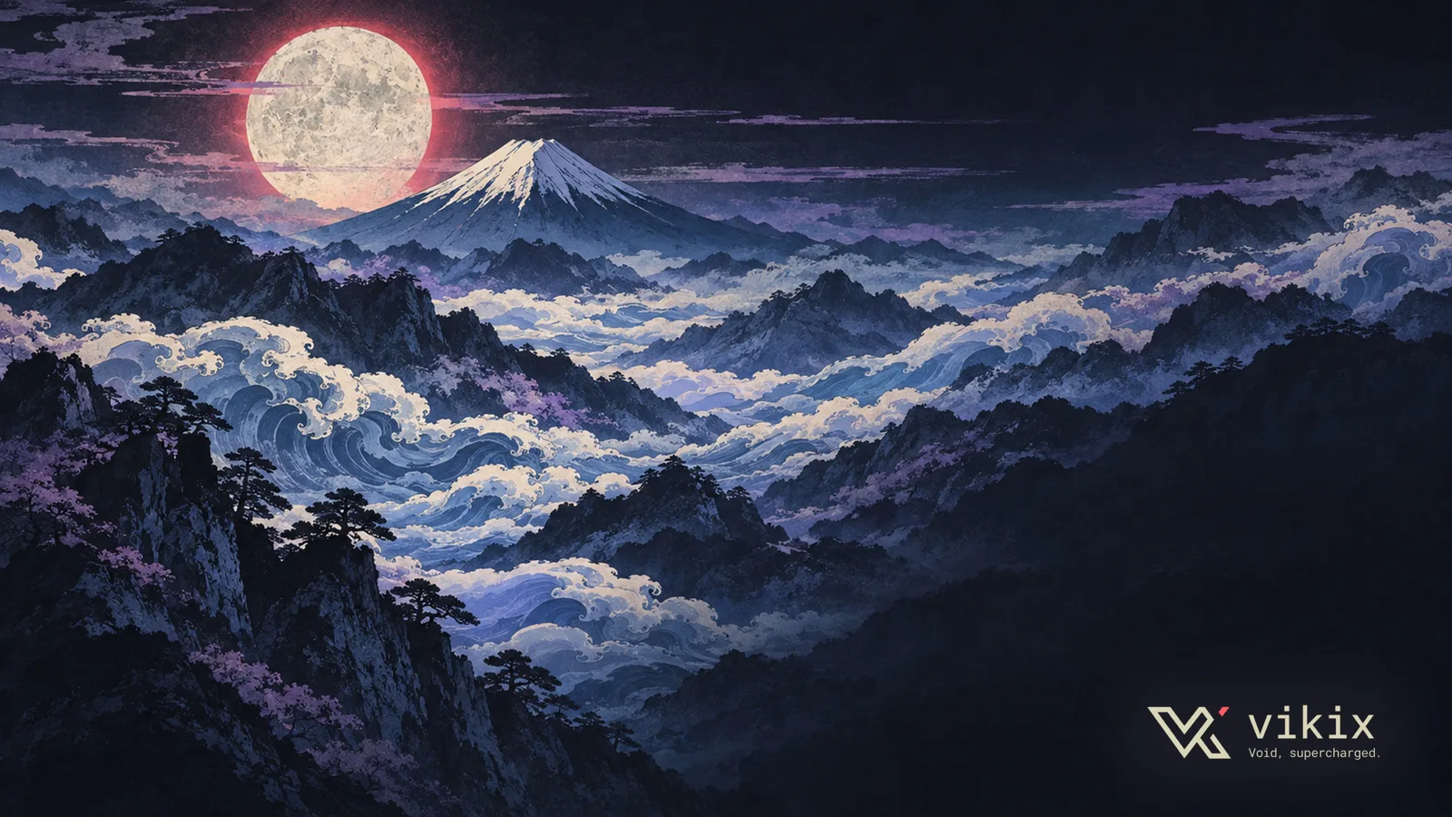 A full moon above layers of blue mountains.